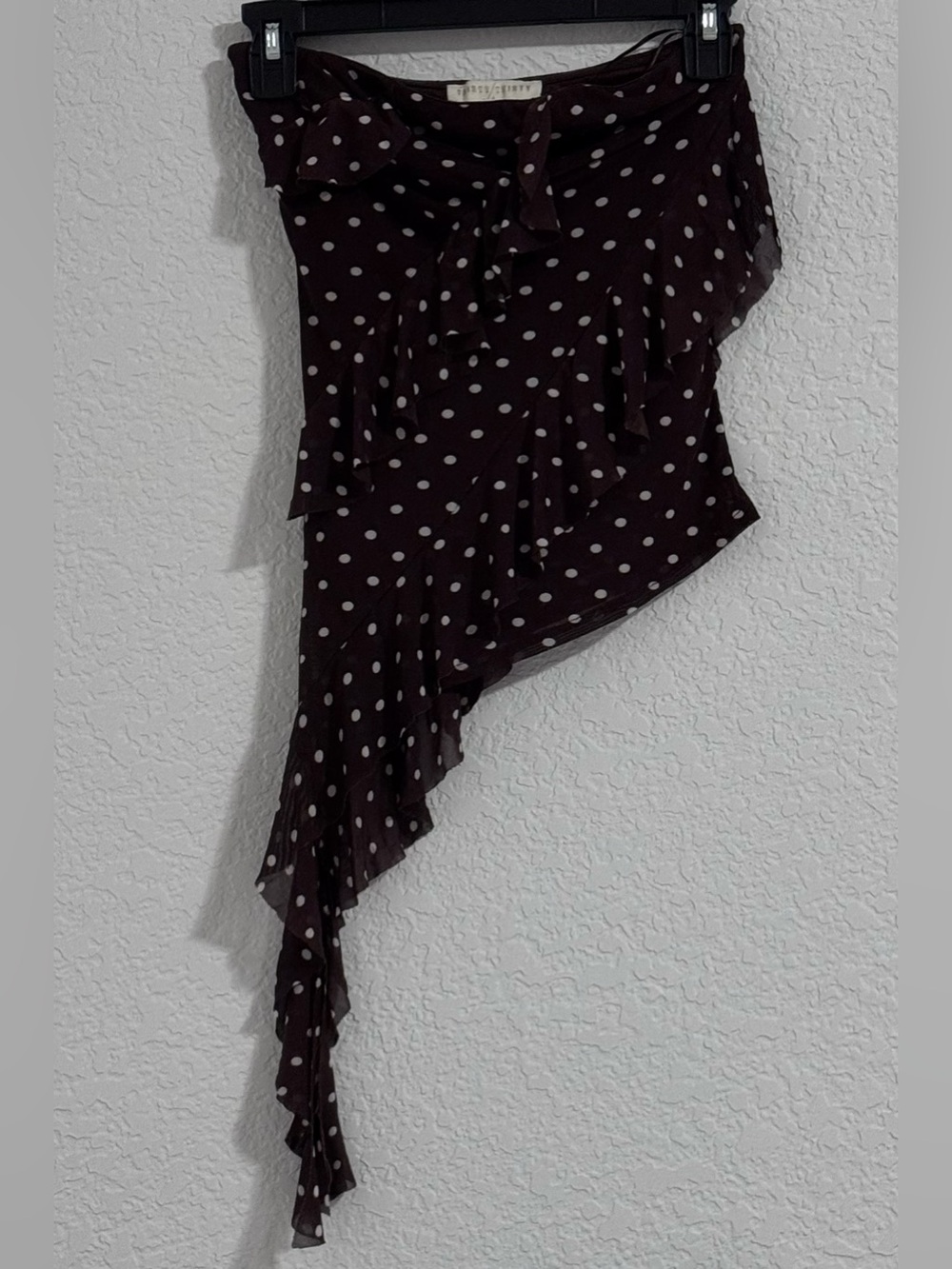 Y2K Asymmetrical Polka Dot Ruffle Top- Brown /White
